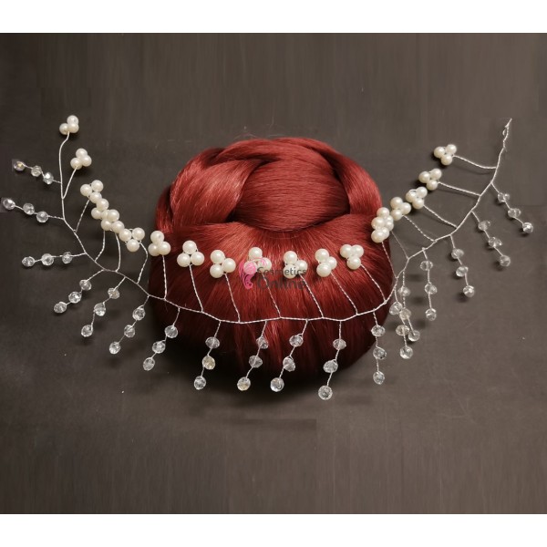 Accesoriu modern pentru decor par WED09 Argintiu cu cristale si perle de 35cm